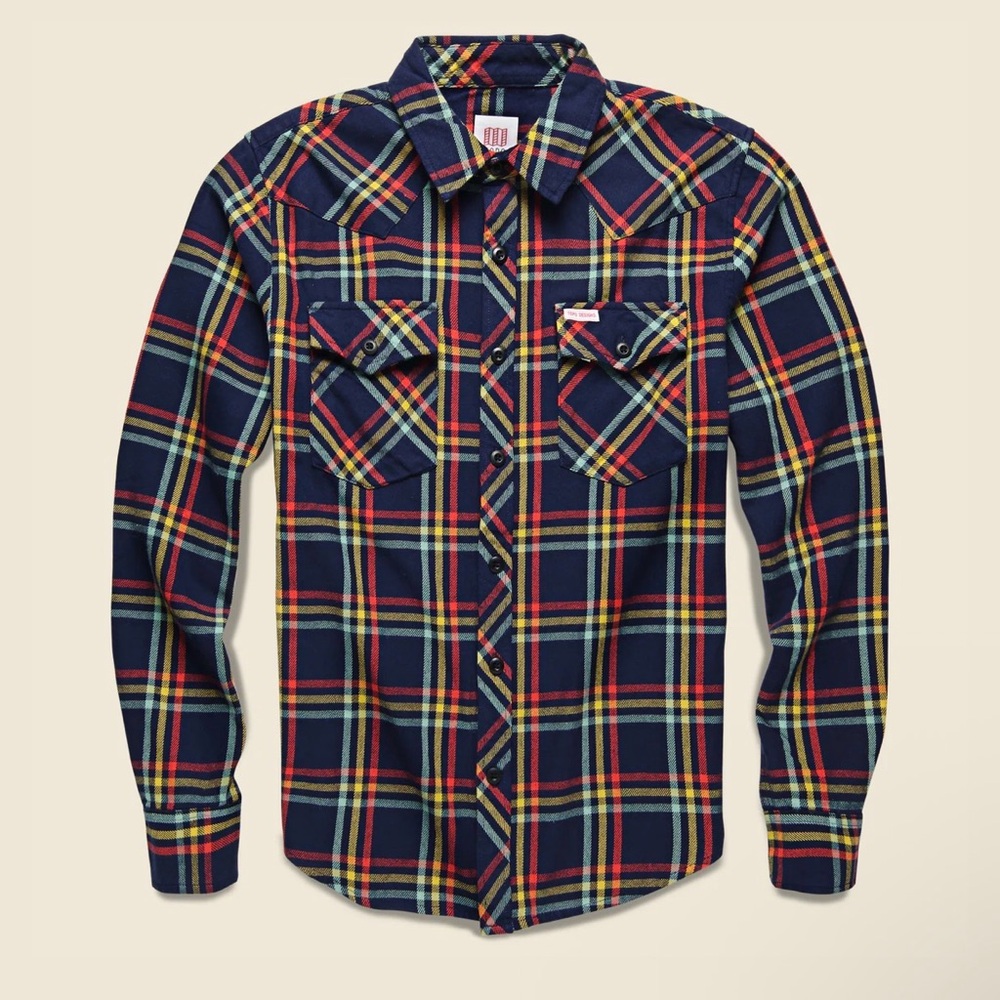Topo Designs Plaid Shirt Navy Outdoor Button Down Mens L
